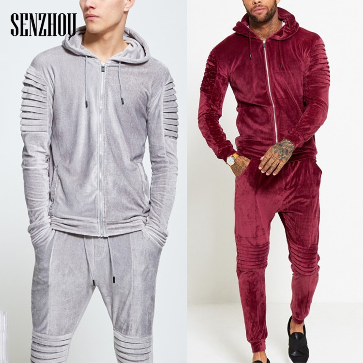 Fashion Design Custom Logo High Quality Men's Gym Wear Velour zipper Jacket Blank Gym Jogger Tracksuit