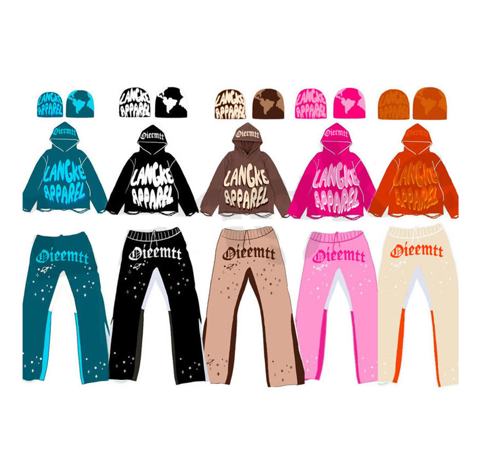 Tracksuit Sweatsuit custom Puff Print Crop Top Hoodie And Flare Sweatpants set Sweat Jogger stacked Pants track suit Set for men