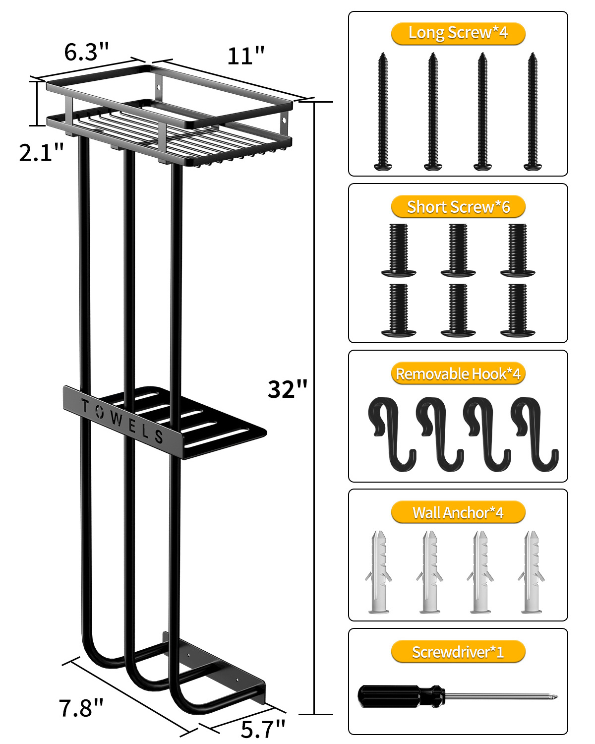 Metal Bath Towel Holder Storage Hand Towels Wood Shelf and 4 Hooks for Small Bathroom Org Towel Rack Wall Mounted for Bathroom