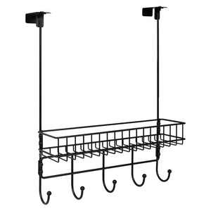 Rustproof Coat Rack Spice Rack, Clamp Adjustable Over The Door Hanger with Basket, Built-in 5 Hooks Metal Storage Shelf