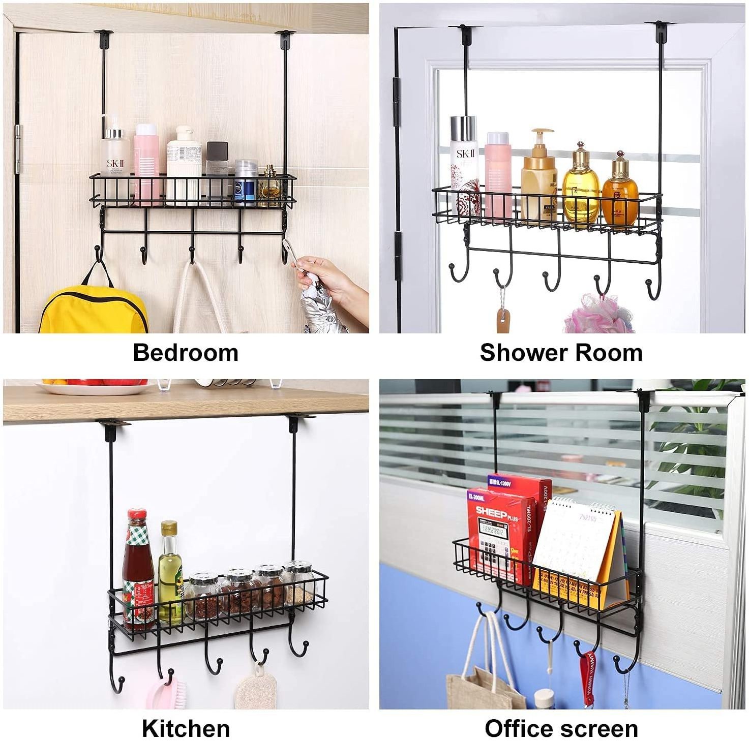 Rustproof Coat Rack Spice Rack, Clamp Adjustable Over The Door Hanger with Basket, Built-in 5 Hooks Metal Storage Shelf