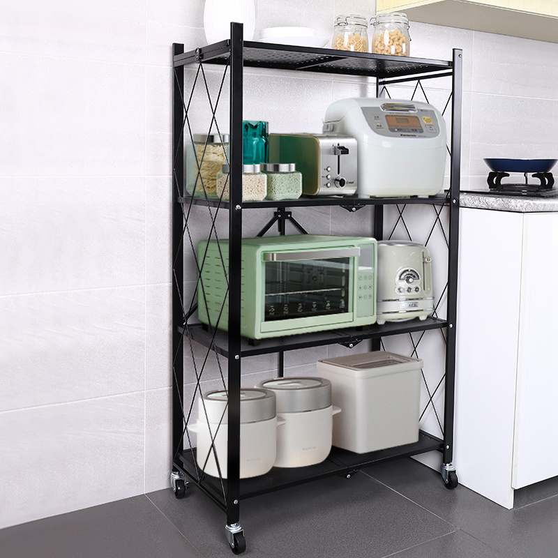 Collapsible Wire Shelving Kitchen Shelves Bookshelf with Wheels for Living Room Bathroom 3-Tier Foldable Storage Shelves