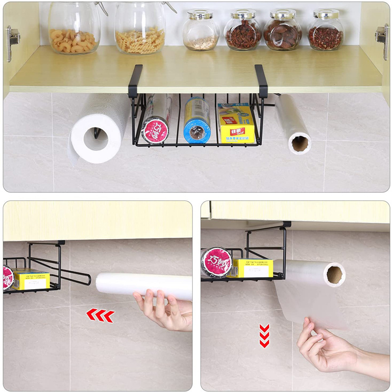 2 Pack Metal Wire Under Cabinet Organizer With Paper Holder Plastic Wraps Shelf, Hanging Storage Baskets for Kitchen