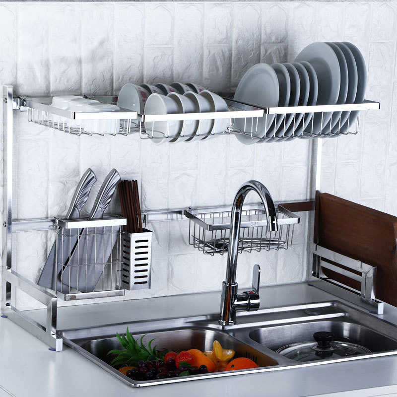 2 tier stainless steel metal kitchen storage organizer dish shelf over the sink roll up dish drying rack for kitchen sink