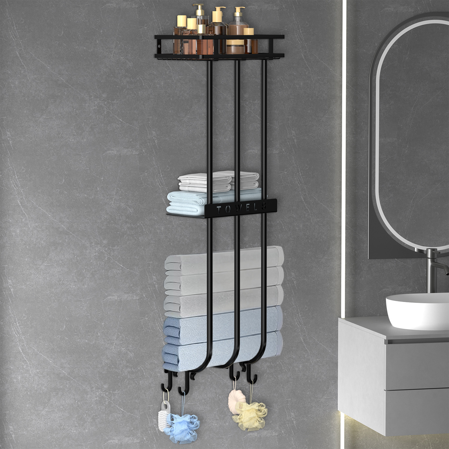 Towel Rack Wall Mounted for Bathroom Aluminum matt three-layer black towel rack