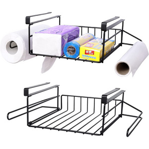 2 Pack Metal Wire Under Cabinet Organizer With Paper Holder Plastic Wraps Shelf, Hanging Storage Baskets for Kitchen