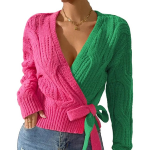 Customized Oem Odm High Quality Sorority Pink Green Cardigan Women's Color Block Knitted Sweater