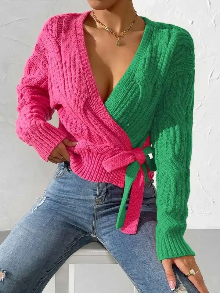 Customized Oem Odm High Quality Sorority Pink Green Cardigan Women's Color Block Knitted Sweater