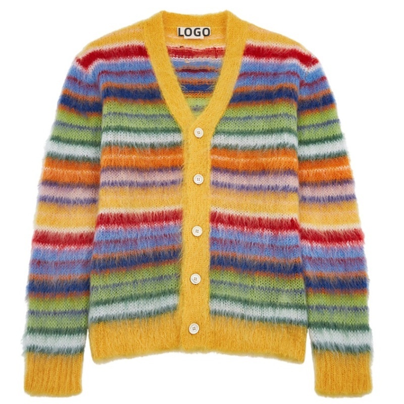 Customized OEM&ODM Men's Mohair Sweater Winter Long Sleeve Striped Knit Tops Mohair Knitted Sweater Men