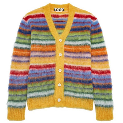 Customized OEM&ODM Men's Mohair Sweater Winter Long Sleeve Striped Knit Tops Mohair Knitted Sweater Men