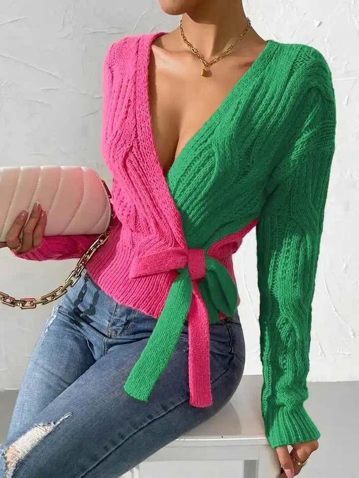 Customized Oem Odm High Quality Sorority Pink Green Cardigan Women's Color Block Knitted Sweater