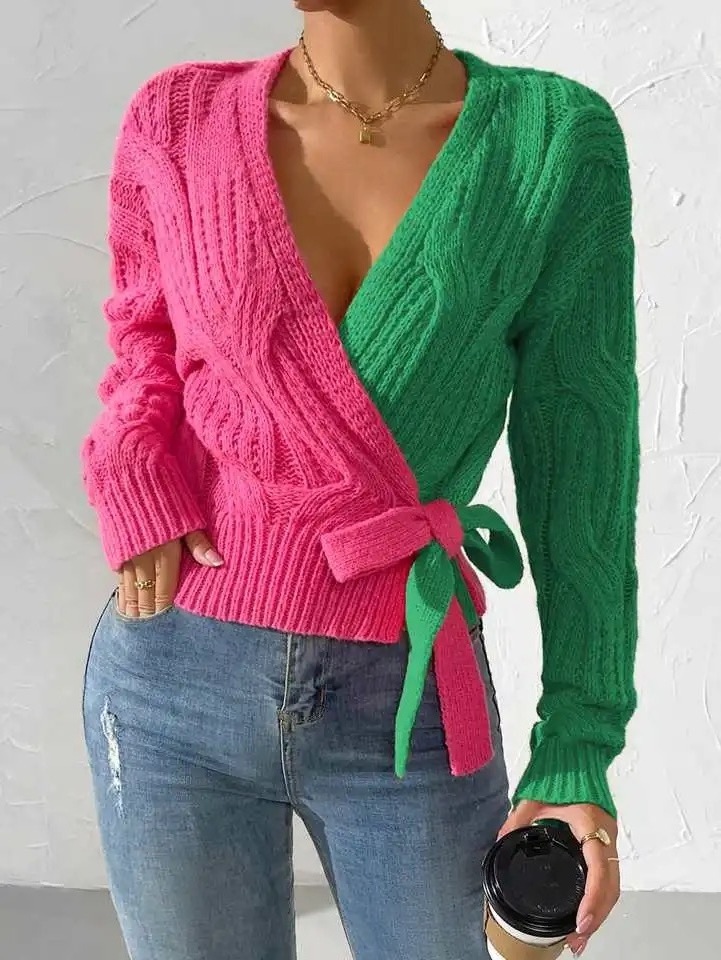 Customized Oem Odm High Quality Sorority Pink Green Cardigan Women's Color Block Knitted Sweater