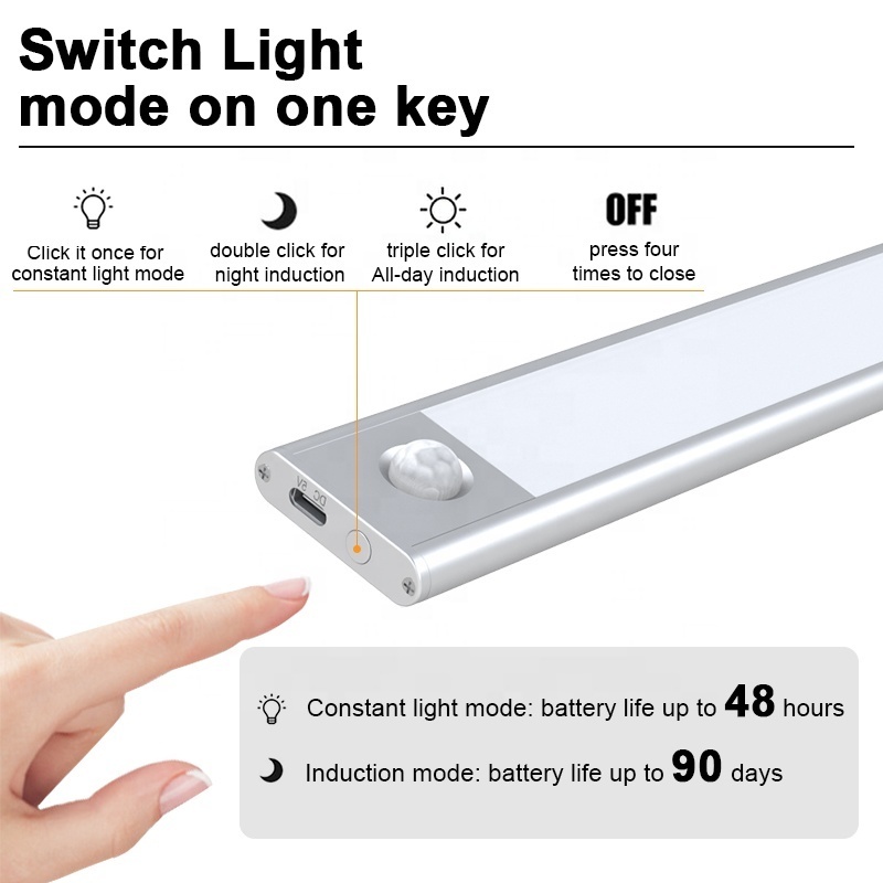 Ultra-Thin Indoor Lighting 3 Color Dimmable 5V Usb Rechargeable Kitchen Cabinet Closet Wardrobe Led Motion Sensor Light