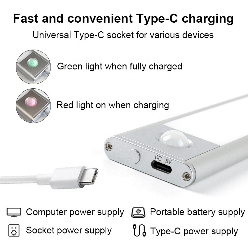 Ultra-Thin 20Cm 30Cm 40Cm Pir Motion Sensor Usb Rechargeable Led Under Cabinet Light