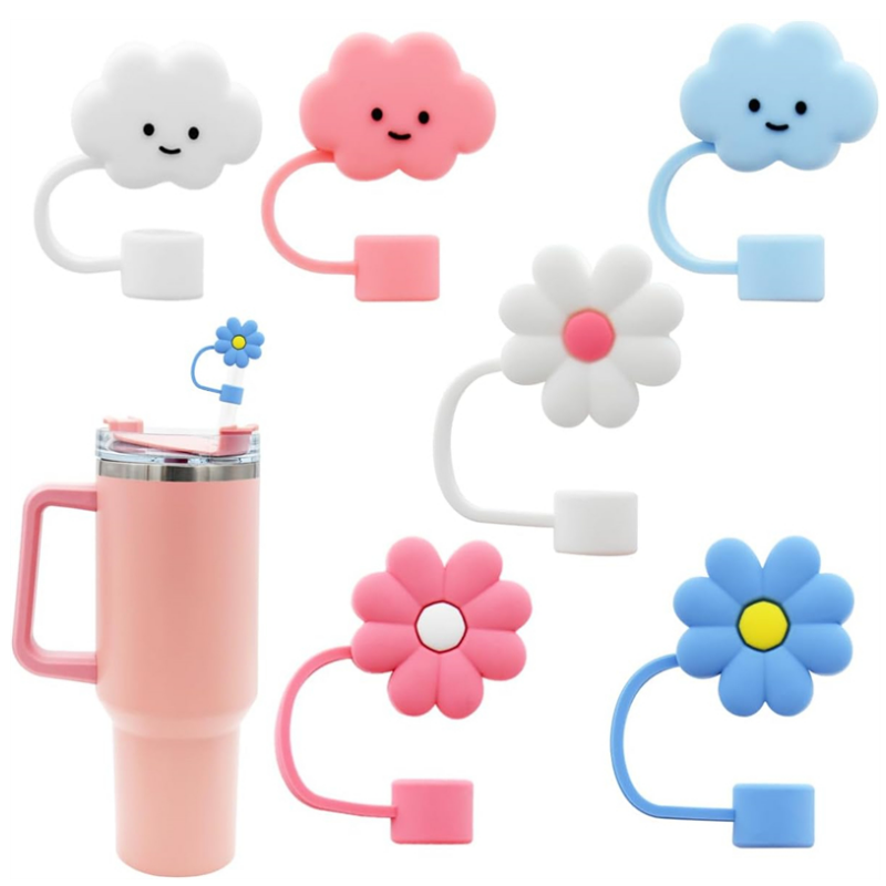 Reusable 10mm Stanley Tumbers Accessories Drinking Flower Straw Tip Cover Cap Cute Silicone Straw Topper