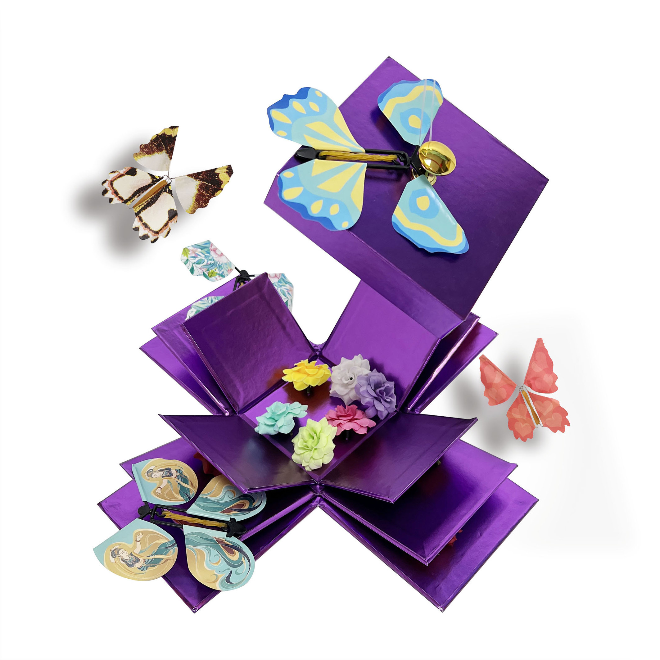 Factory customized Blue Easter Exploding Butterfly Box With Wind Up Flying Butterflies confetti explosion gift box