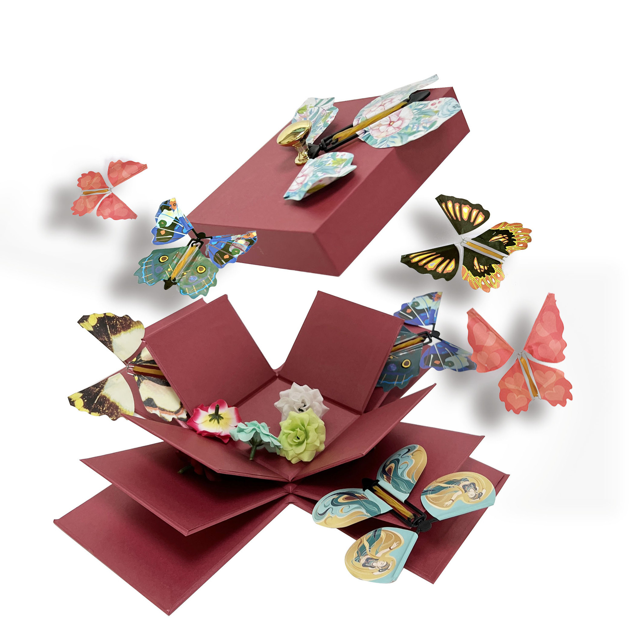 Factory customized Blue Easter Exploding Butterfly Box With Wind Up Flying Butterflies confetti explosion gift box