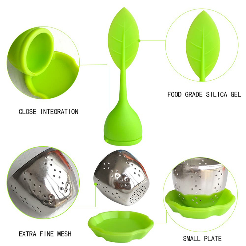 Wholesale BPA Free Loose Leaf Shape Silicone Tea Infuser Filter Silicone Handle Stainless Steel Tea Strainer