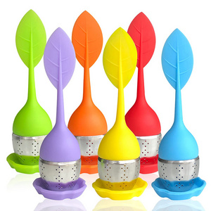 Wholesale BPA Free Loose Leaf Shape Silicone Tea Infuser Filter Silicone Handle Stainless Steel Tea Strainer