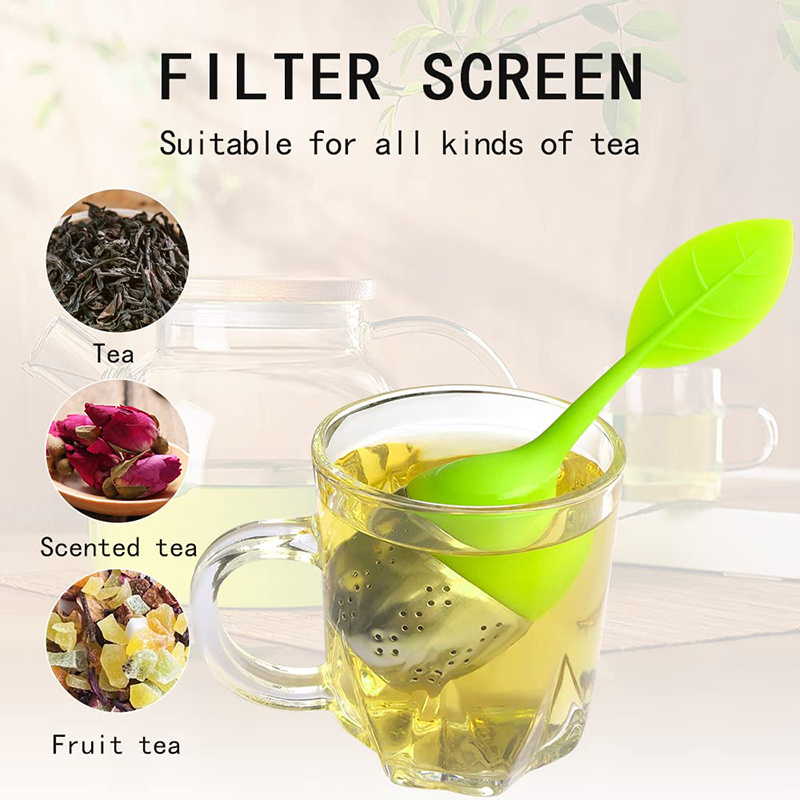 Wholesale BPA Free Loose Leaf Shape Silicone Tea Infuser Filter Silicone Handle Stainless Steel Tea Strainer