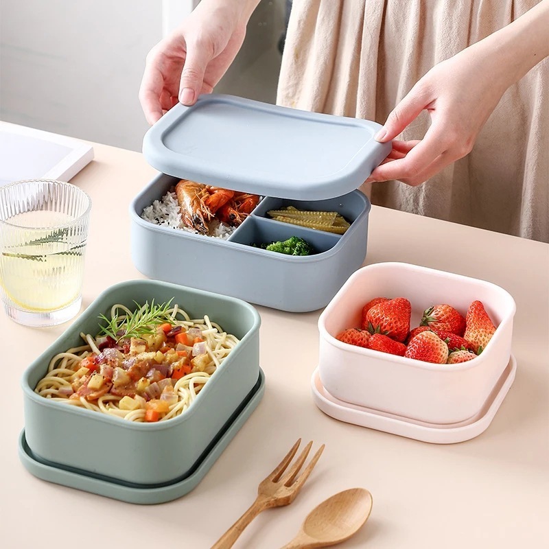 Kitchen Microwave Refrigerator Safe Food Container With Silicone Lids Silicone Storage Container Kids Bento Lunch Box