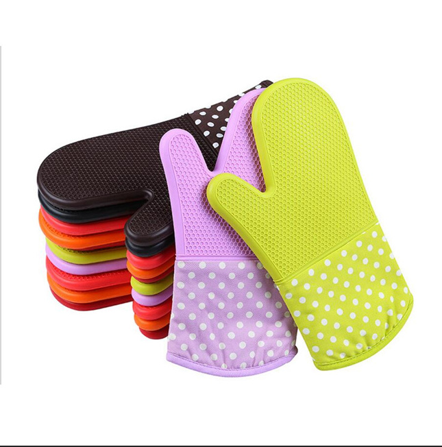 New heat resistant BBQ grill silicone fabric cotton oven mitt glove with lining