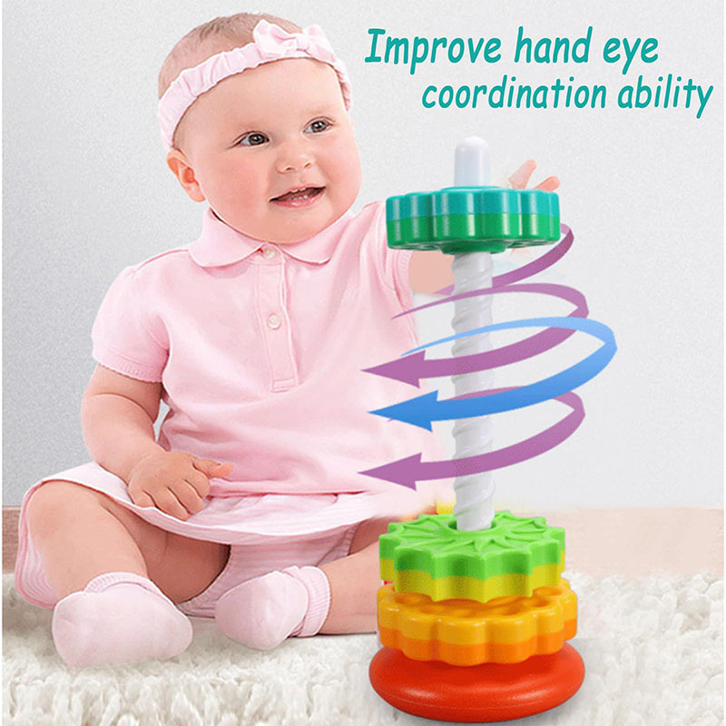 Baby Spinning Stacking Toys, Spin Toys ABS Plastic and Color Rainbow Design Ring Stacker Baby Toys 6 to 12 Months Montessori Edu