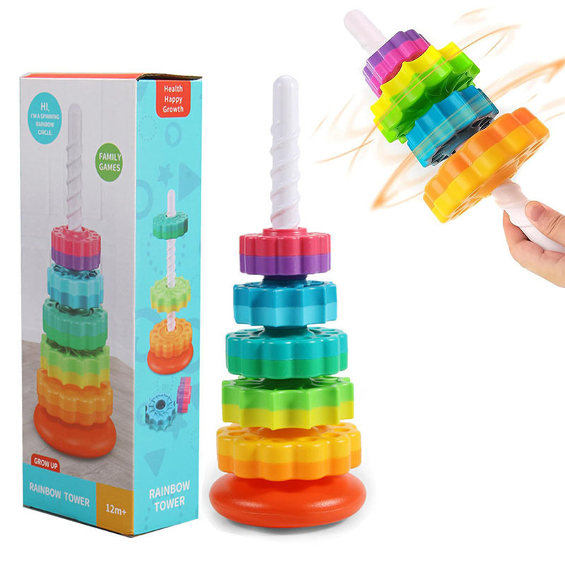 Baby Spinning Stacking Toys, Spin Toys ABS Plastic and Color Rainbow Design Ring Stacker Baby Toys 6 to 12 Months Montessori Edu