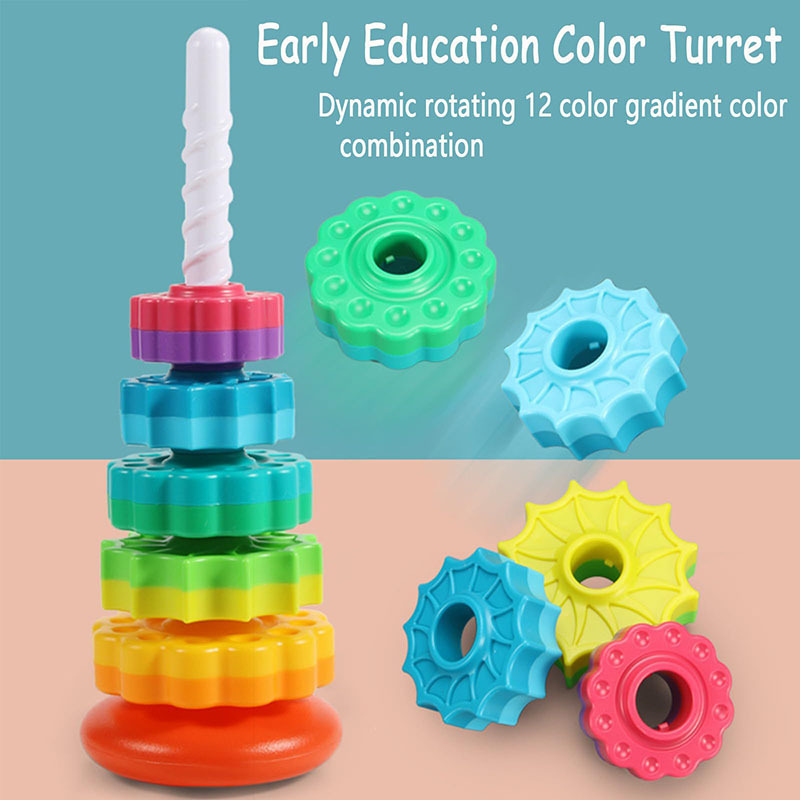 Baby Spinning Stacking Toys, Spin Toys ABS Plastic and Color Rainbow Design Ring Stacker Baby Toys 6 to 12 Months Montessori Edu