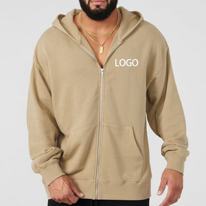 OEM Custom Drop Shoulder Plain 100%Cotton Sweatshirt Jacket Full Zip Up Hoodie With Side Pockets For Men