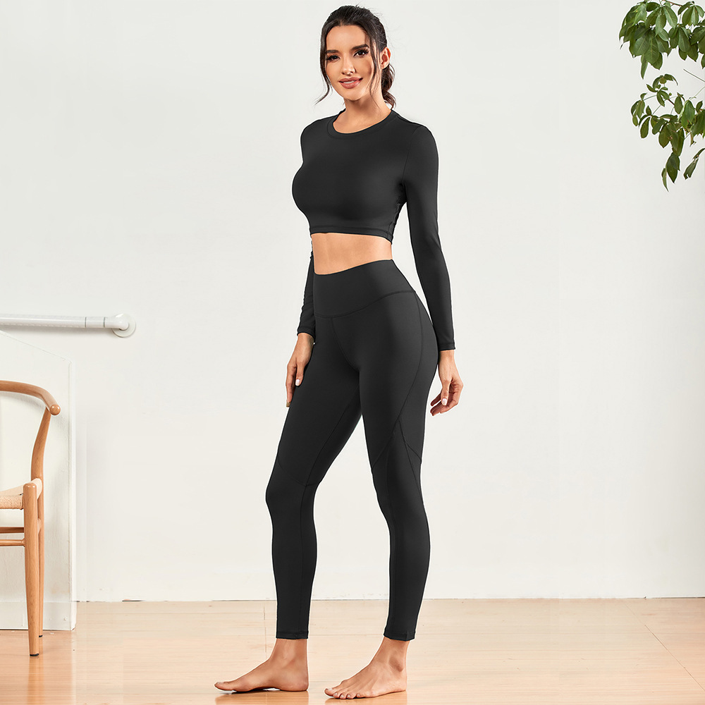 Nude Feeling 2 Pcs Yoga Set Yoga Pants Sports Long Sleeves and Bare Back Set High Waist Yoga Pants Leggings for Women