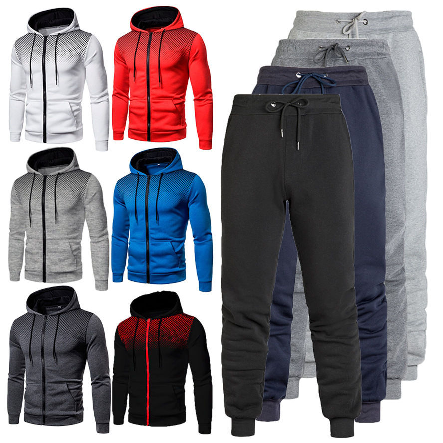 Custom Logo Polyester Sport Zipper Hoodies Sweatshirts Jogging Pants Track Suit Running Sportswear Men Plain Tracksuit Set