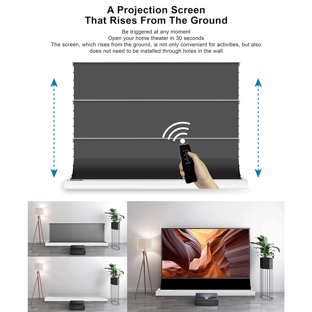 4K 8K HD Ultra Far Throw Laser Electric Floor Rising Projection Screen Motorized Cinema Black grid For All Projectors