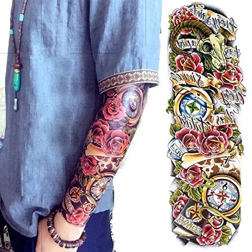 Wholesale Body Tattoo Manufacturer of Waterproof Supper Large Temporary Full Arm Sleeve Sticker with Skull Flowers