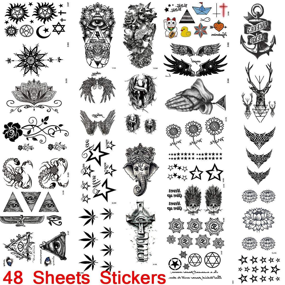 48 Sheets Temporary Tattoos Stickers Waterproof Skull Wolf Stars Flowers Tattoos Sticker for Men, Women, Kids, Adults