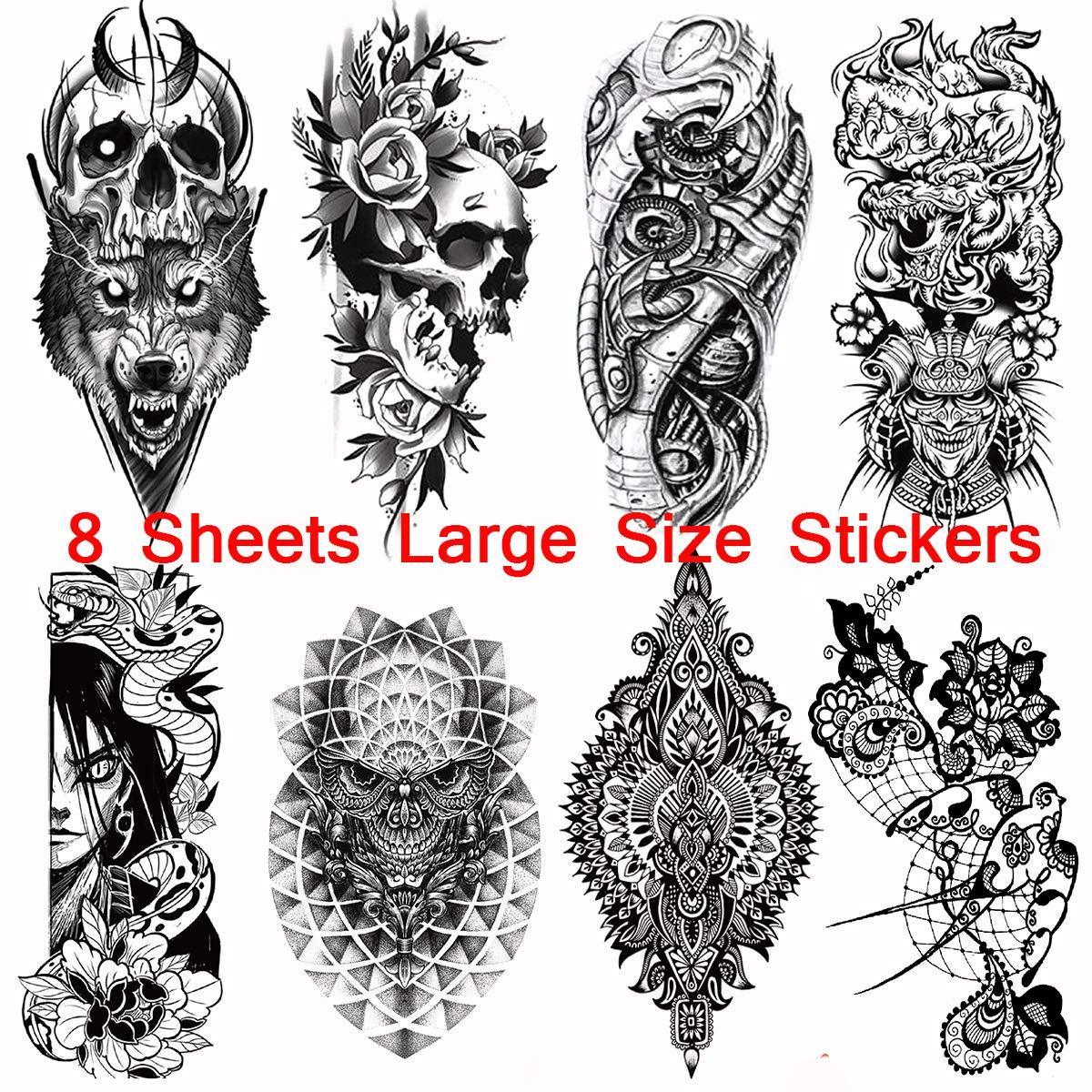 48 Sheets Temporary Tattoos Stickers Waterproof Skull Wolf Stars Flowers Tattoos Sticker for Men, Women, Kids, Adults