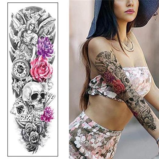 Wholesale Body Tattoo Manufacturer of Waterproof Supper Large Temporary Full Arm Sleeve Sticker with Skull Flowers