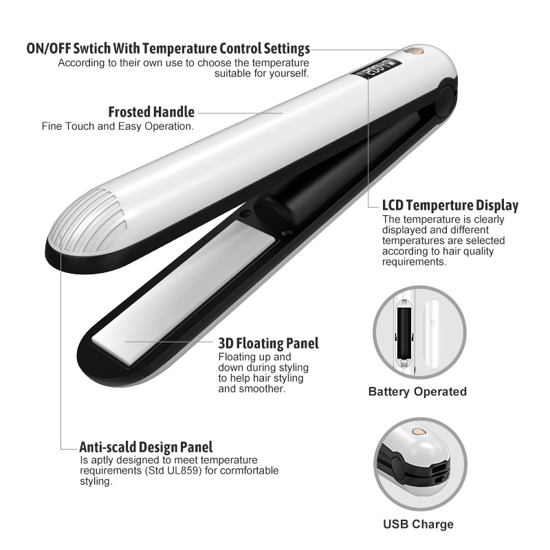 Cordless hair straightener flat iron for straightening and curling with LED Display Factory Rechargeable Travel Iiron