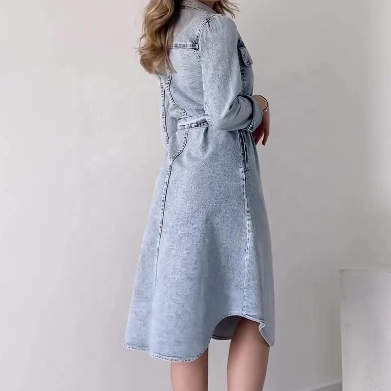 Women's Fashionable Distressed Washed Denim Dress with Long Sleeves and Waistband