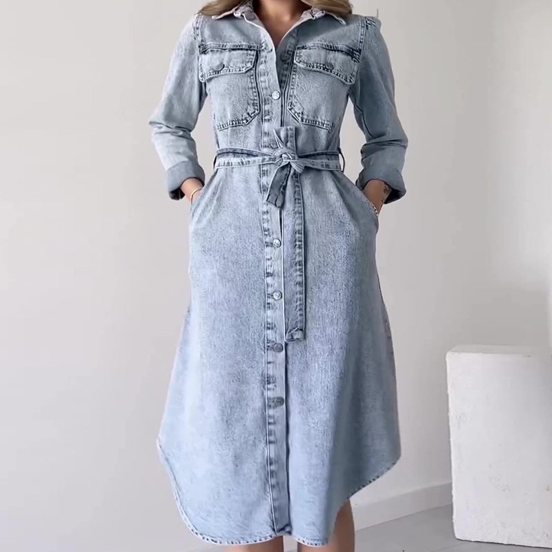 Women's Fashionable Distressed Washed Denim Dress with Long Sleeves and Waistband