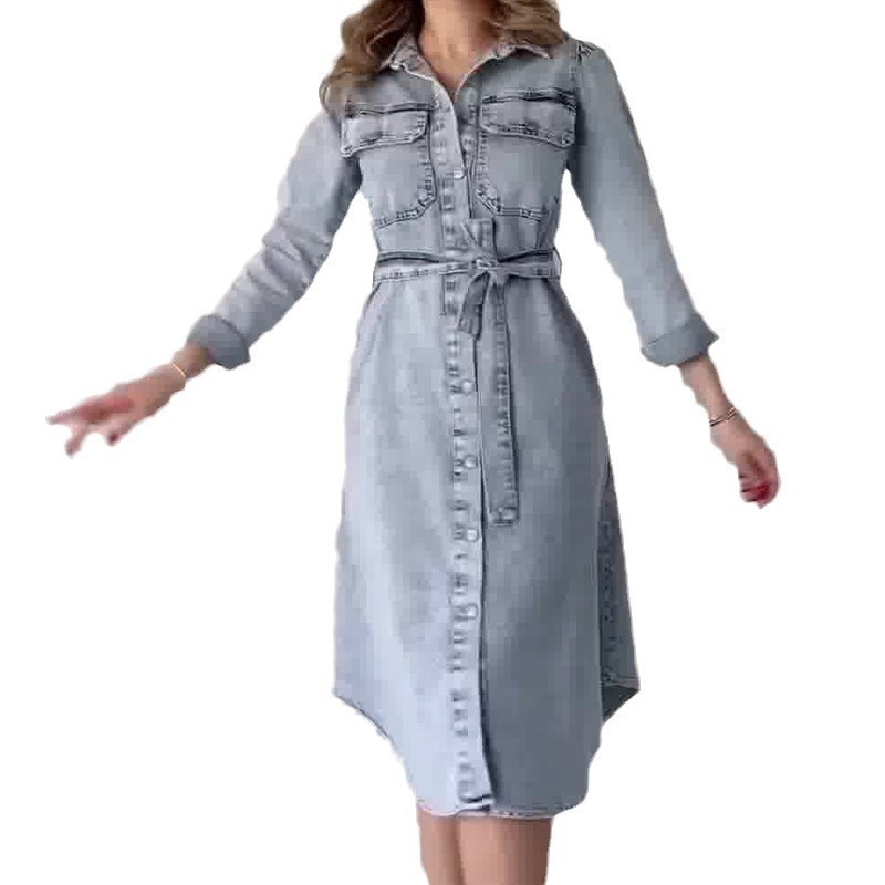 Women's Fashionable Distressed Washed Denim Dress with Long Sleeves and Waistband