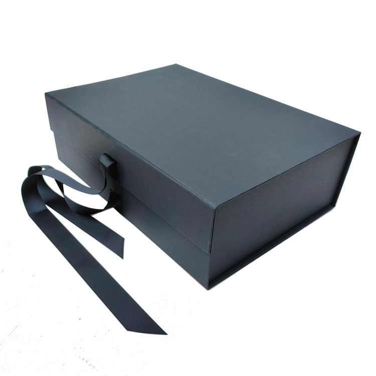 Matte Black Magnetic Closure Flat Collapsible Hat Box Folding Gift Box With Ribbon