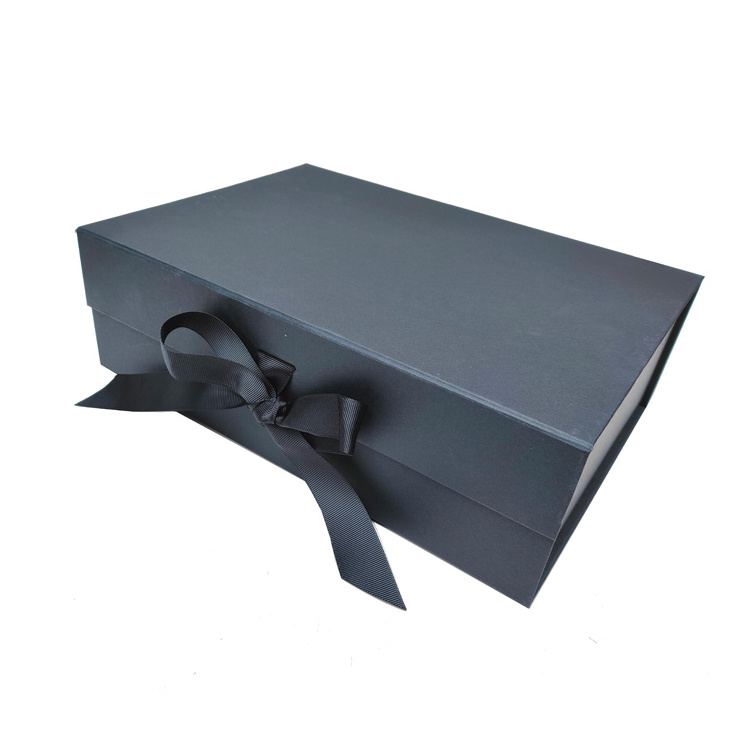 Matte Black Magnetic Closure Flat Collapsible Hat Box Folding Gift Box With Ribbon