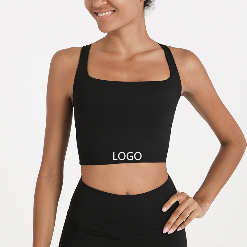 Wholesale Custom Logo Black Open Back Thin Strap Women Adjustable Workout Yoga Crop Tops Fitness Sports Bra