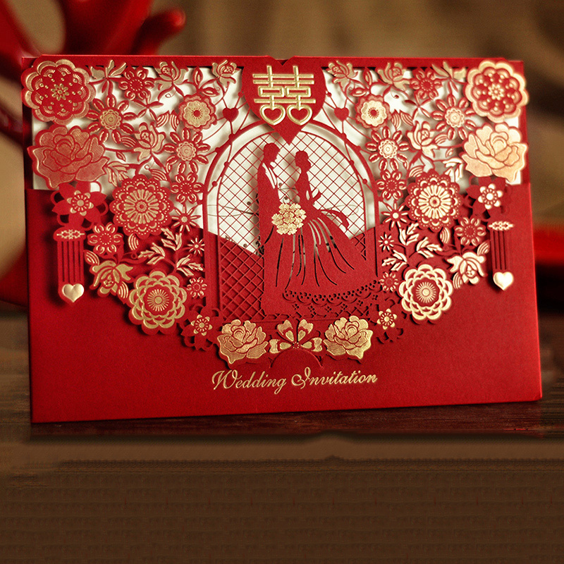 Hollow-out Handmade Laser Cut Wedding Invitations Fancy Invitation Chinese Greeting Cards Red Pocket Custom Bonus