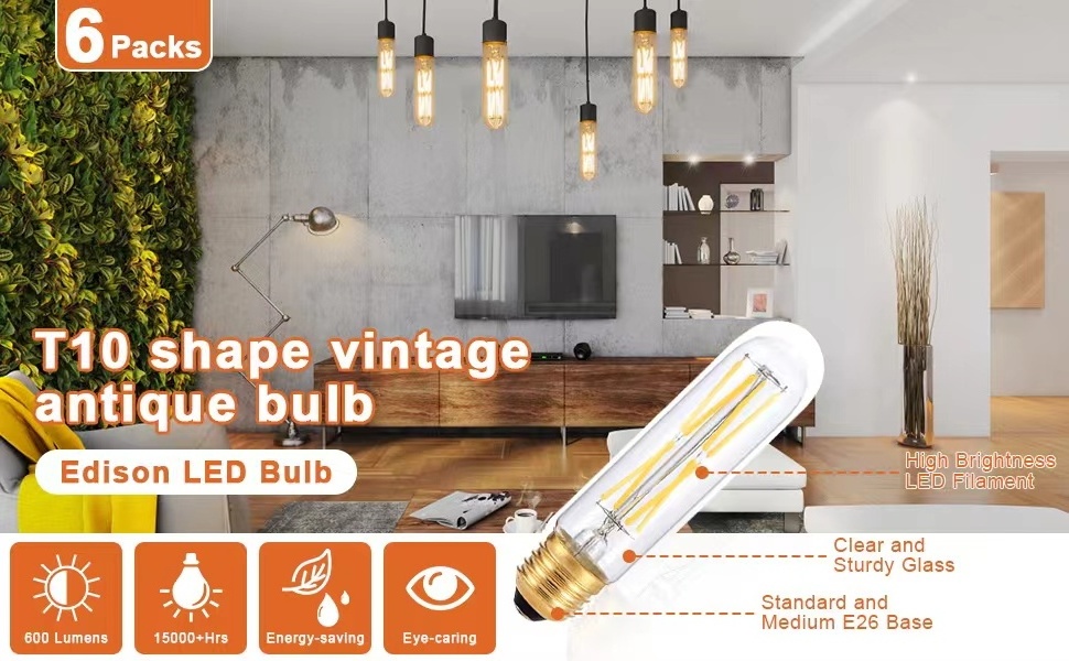 T10 Led Bulb Dimmable 8W Led Tubular Bulbs 3000K Soft White Clear Glass  E26 Base Lamp Bulb for Cabinet Display Cabinet