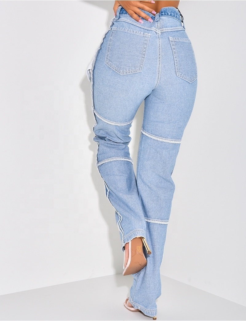 High Quality New Design Fashion Street Wear Straight Pants Blue Patched Reverse Women's Jeans Zipper Fly Trousers