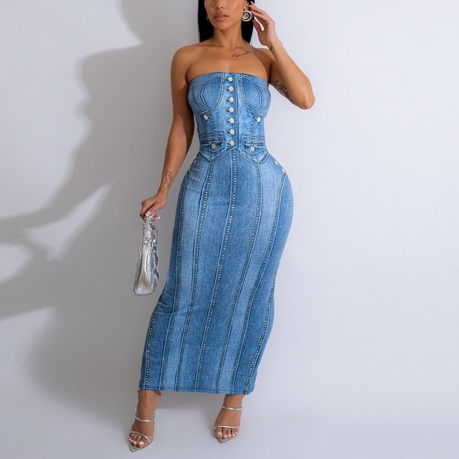 2024 Wholesale Women's plus size fashion Denim dress ladies elegant jean long bodycon maxi luxurious evening party dresses