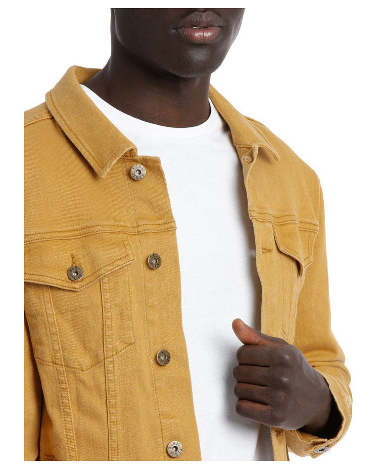 Custom Mens Winter Clothes 100% Cotton Front Button Up Plain Denim Jeans Jacket In Yellow Color