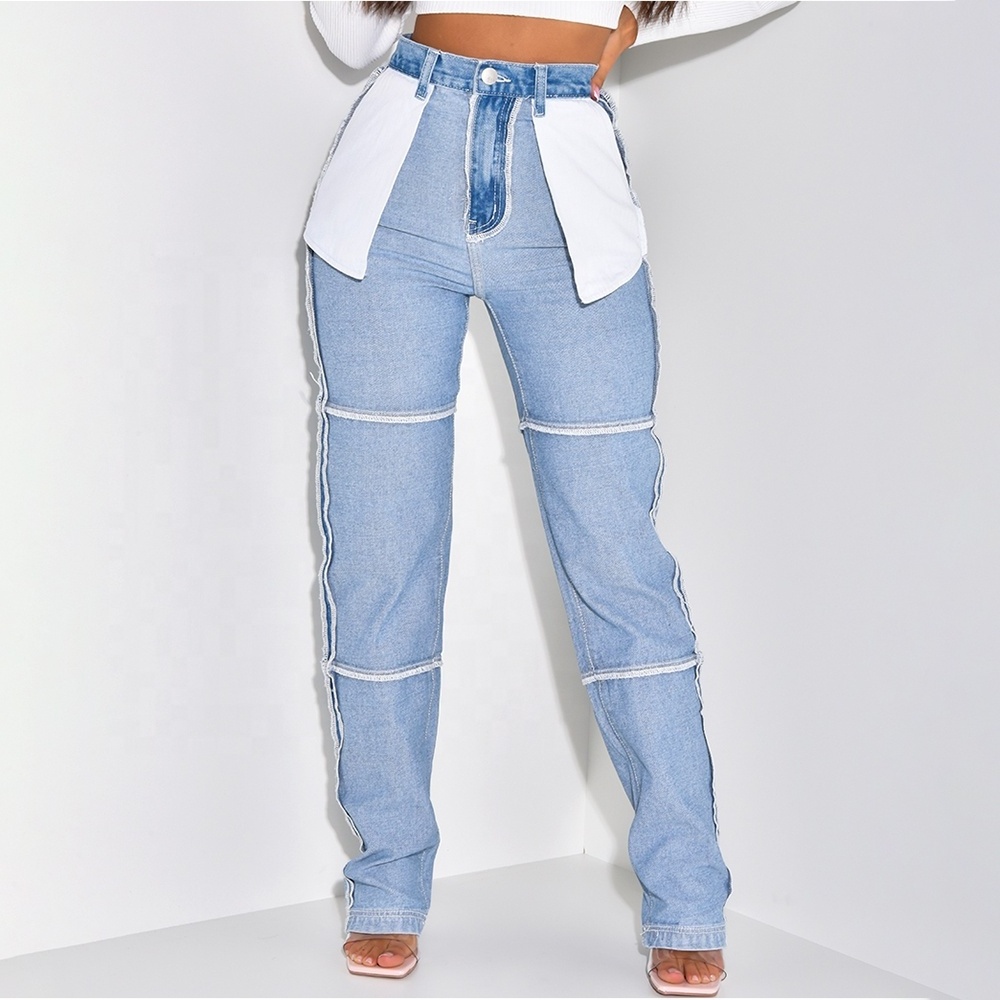 High Quality New Design Fashion Street Wear Straight Pants Blue Patched Reverse Women's Jeans Zipper Fly Trousers